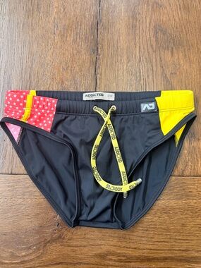 Addicted Brands Black Swim Trunks with Yellow Drawstring and Red Star Panel